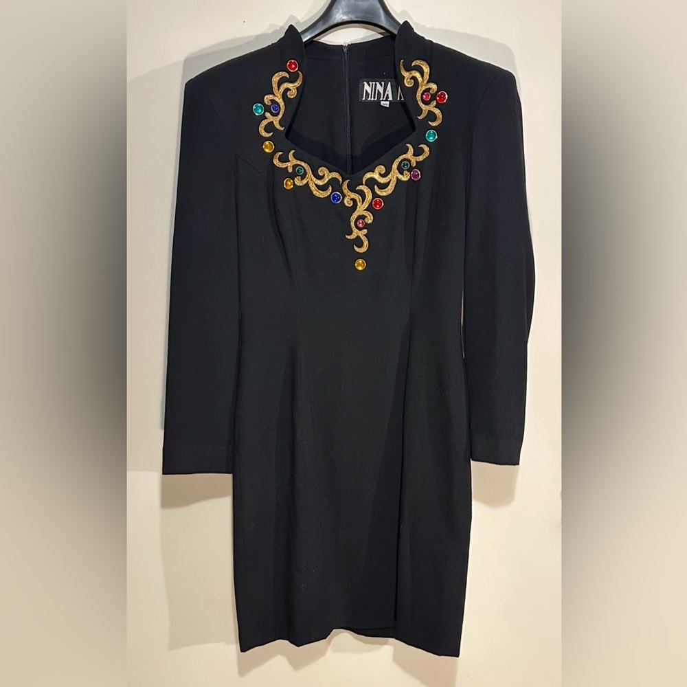Rare, Vintage Nina K Mini Dress! Sz 10, THE LBD, plus gold embroidery and bling!